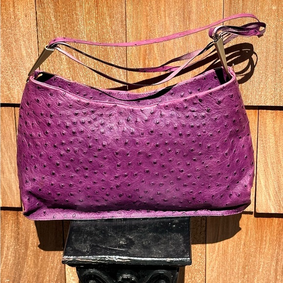 Francesco Biasia Purple Leather Ostrich Embossed Purse Italy - Picture 2 of 11